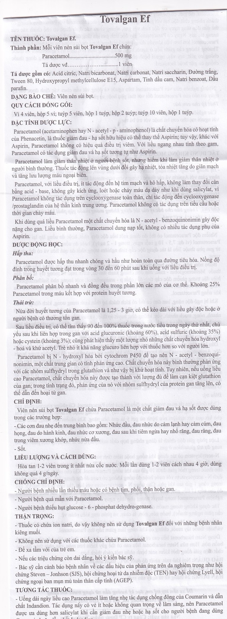 Viên sủi Tovalgan Ef Trường Thọ Pharma giảm đau, hạ sốt (5 vỉ x 4 viên) 
