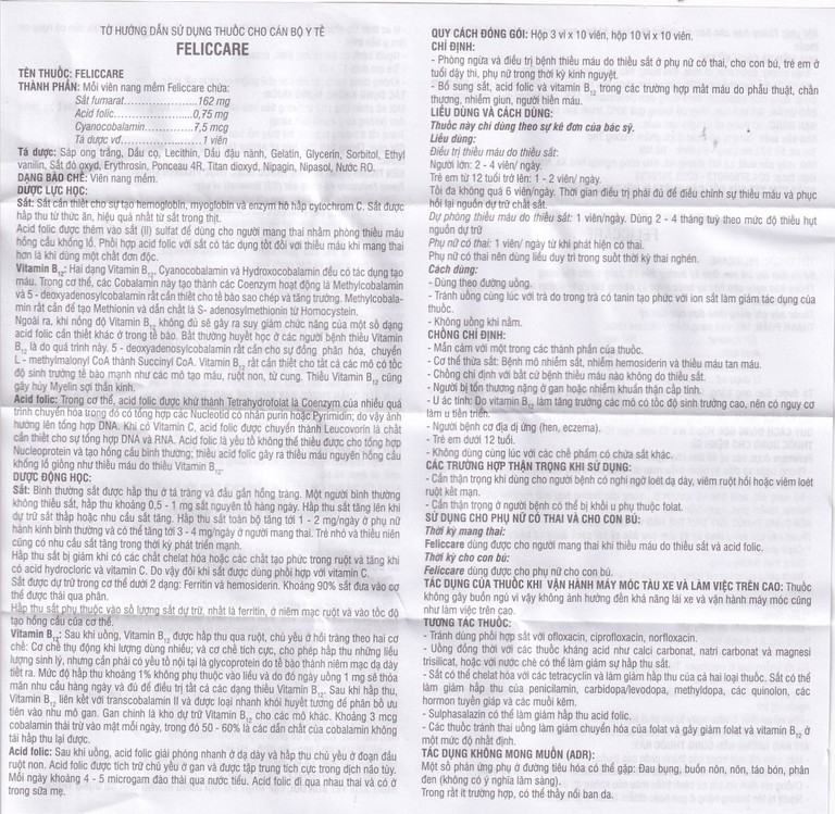 Thuốc Feliccare Trường Thọ phòng và trị các trường hợp thiếu máu (10 vỉ x 10 viên)