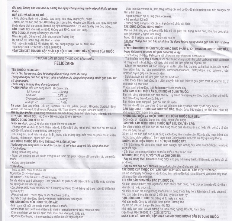 Thuốc Feliccare Trường Thọ phòng và trị các trường hợp thiếu máu (10 vỉ x 10 viên)