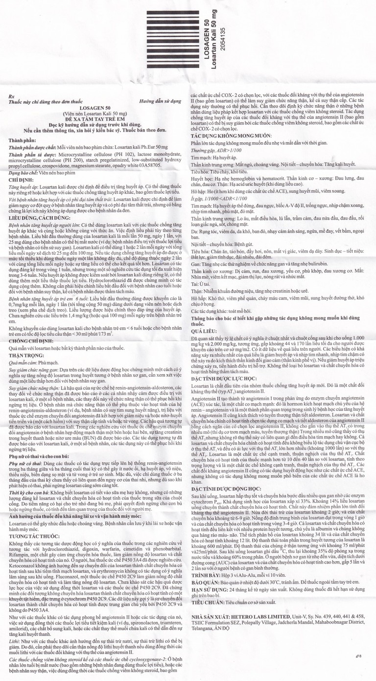 Viên nén Losagen 50 Hetero điều trị tăng huyết áp (3 vỉ x 10 viên)