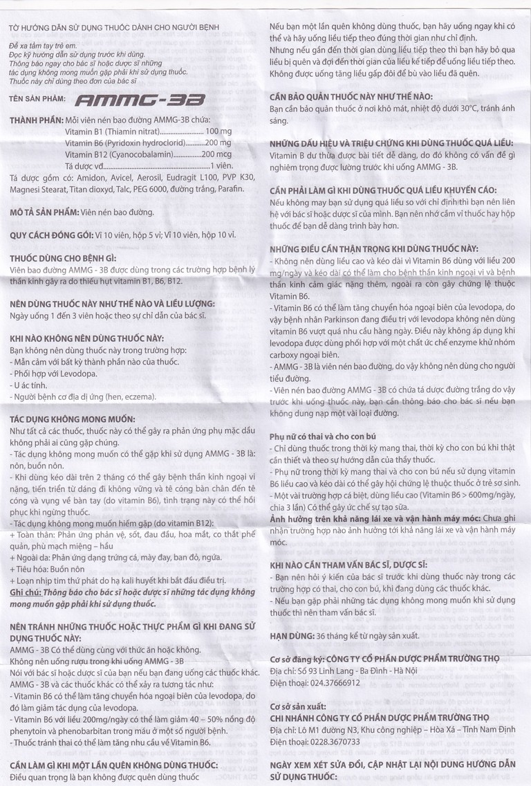 Thuốc Ammg-3B Trường Thọ điều trị bệnh lý thần kinh do thiếu vitamin B1, B6, B12 (5 vỉ x 10 viên)