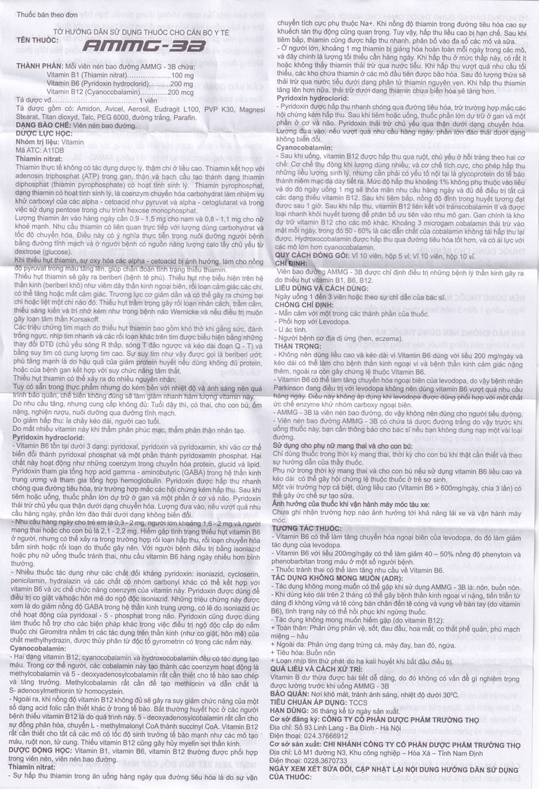 Thuốc Ammg-3B Trường Thọ điều trị bệnh lý thần kinh do thiếu vitamin B1, B6, B12 (5 vỉ x 10 viên)