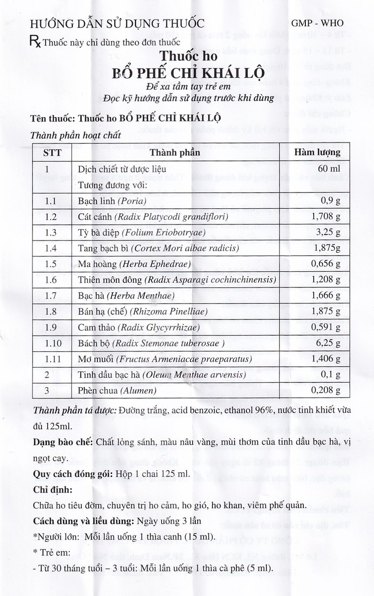 Thuốc ho Bổ Phế Chỉ Khái Lộ chữa ho tiêu đờm, chuyên trị ho cảm, ho gió, ho khan (125ml)