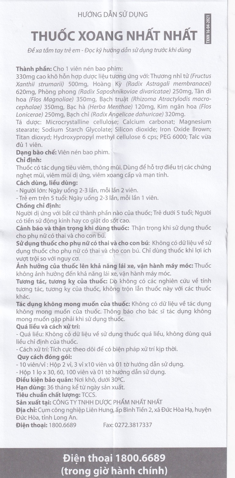 Thuốc Xoang Nhất Nhất điều trị nghẹt mũi, viêm mũi dị ứng, viêm xoang cấp (3 vỉ x 10 viên)