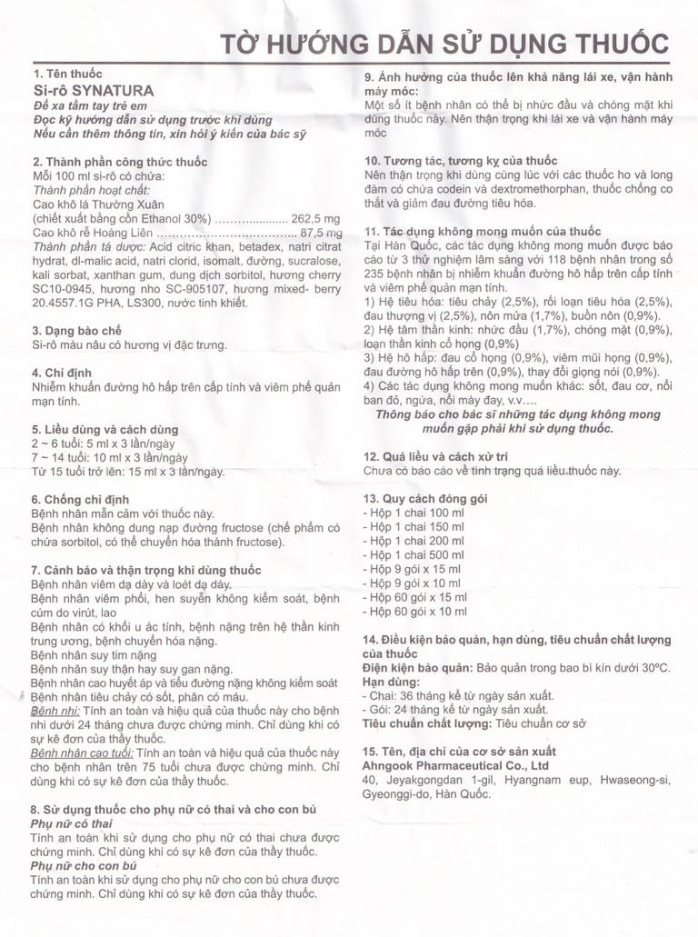Siro Synatura Ahngook điều trị nhiễm khuẩn hô hấp, viêm phế quản (100ml)
