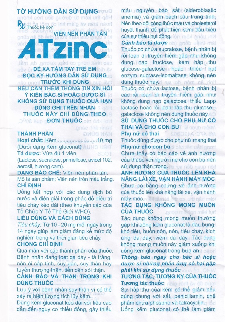 Thuốc A.T Zinc 10mg An Thiên điều trị tiêu chảy kéo dài (10 vỉ x 10 viên)