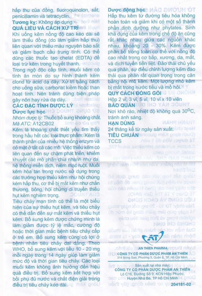 Thuốc A.T Zinc 10mg An Thiên điều trị tiêu chảy kéo dài (10 vỉ x 10 viên)