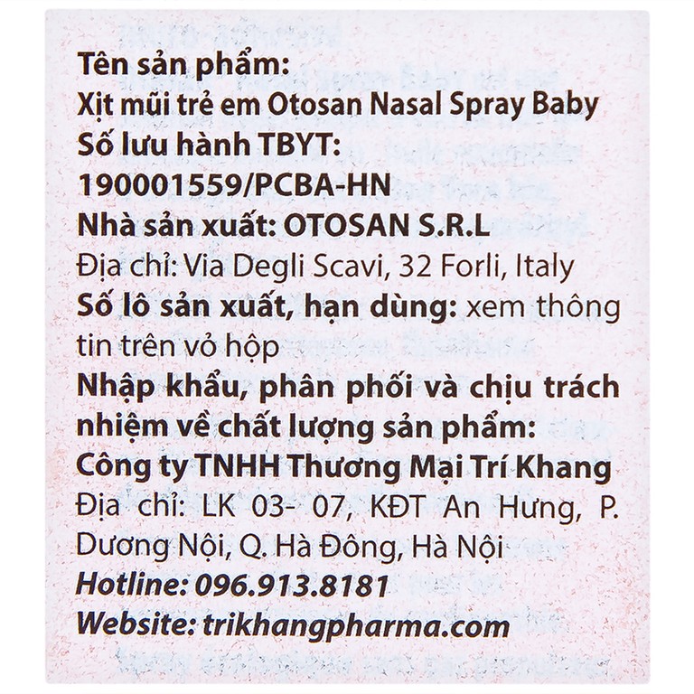 Xịt mũi trẻ em Otosan Nasal Spray Baby làm sạch sâu các hốc mũi, thông thoáng mũi (30ml)