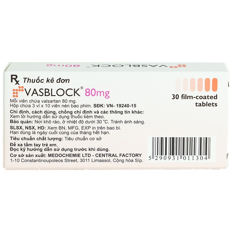 Thuốc Vasblock 80mg Medochemie điều trị tăng huyết áp, suy tim (3 vỉ x 10 viên)