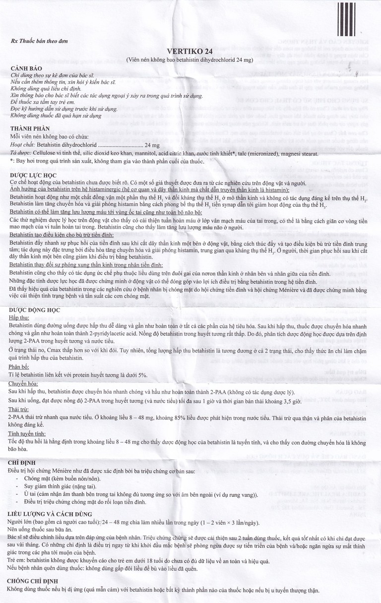 Thuốc Vertiko 24 Cadila điều trị chóng mặt, suy giảm thính giác (10 vỉ x 10 viên)