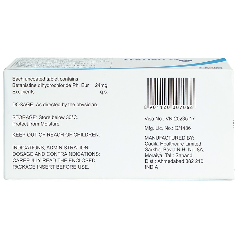 Thuốc Vertiko 24 Cadila điều trị chóng mặt, suy giảm thính giác (10 vỉ x 10 viên)