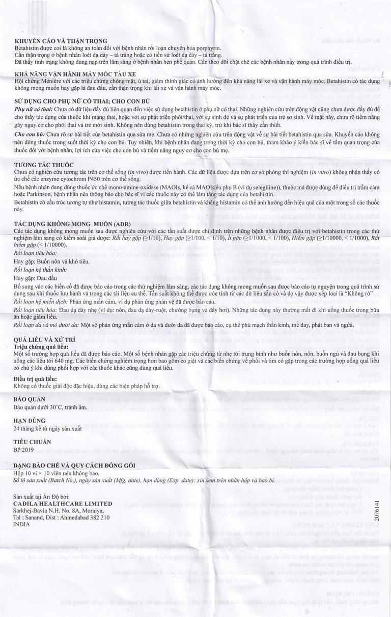 Thuốc Vertiko 24 Cadila điều trị chóng mặt, suy giảm thính giác (10 vỉ x 10 viên)