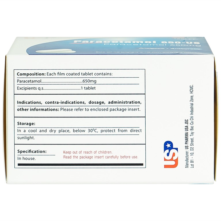 Thuốc Paracetamol 650mg US Pharma giảm đau, hạ sốt, giảm chứng nhức đầu, đau răng (10 vỉ x 10 viên)