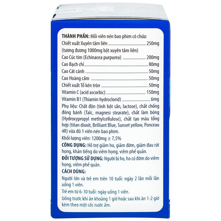 Viên nén Xuyên Tâm Liên Plus Echinacea Kingphar hỗ trợ giảm ho, giảm đờm, giảm đau rát họng (60 viên)