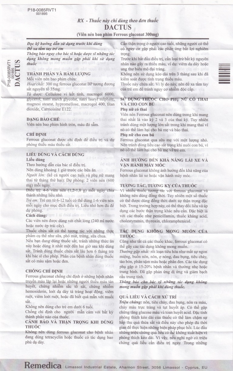 Thuốc Dactus 300mg Remedica dự phòng và điều trị thiếu máu, thiếu sắt (50 viên)