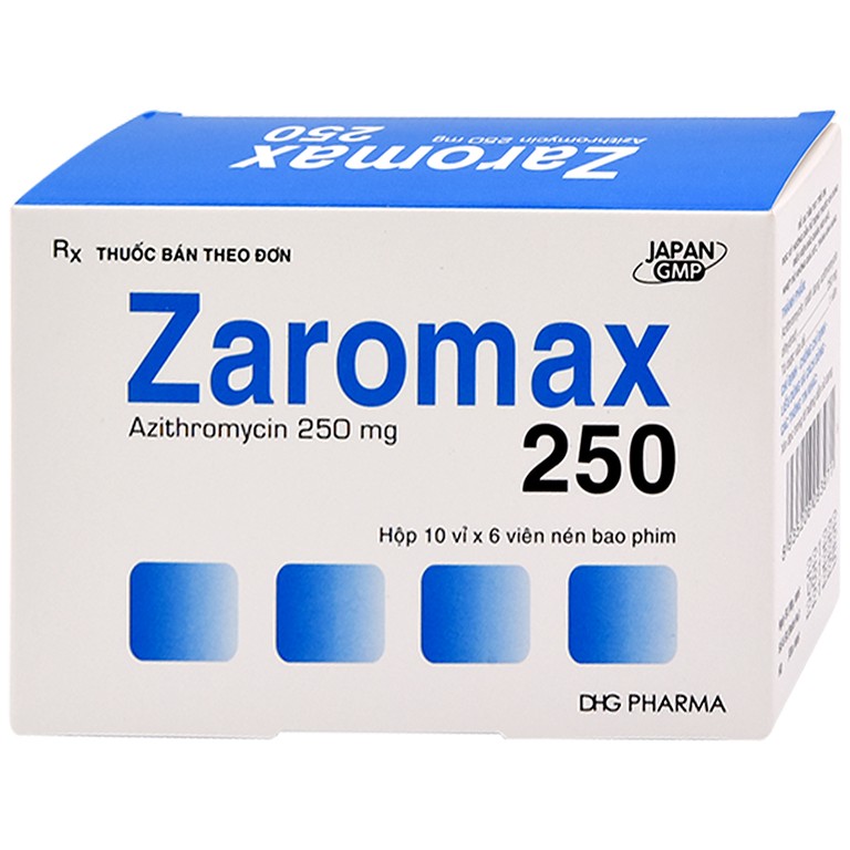 Thuốc Zaromax 250 DHG điều trị nhiễm khuẩn đường hô hấp dưới, viêm phế quản (10 vỉ x 6 viên)