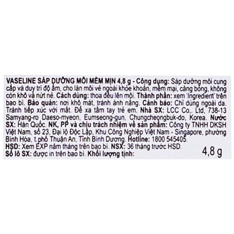 Dưỡng môi mềm mịn Vaseline Stick dưỡng ẩm, chống khô nứt (4.8g)