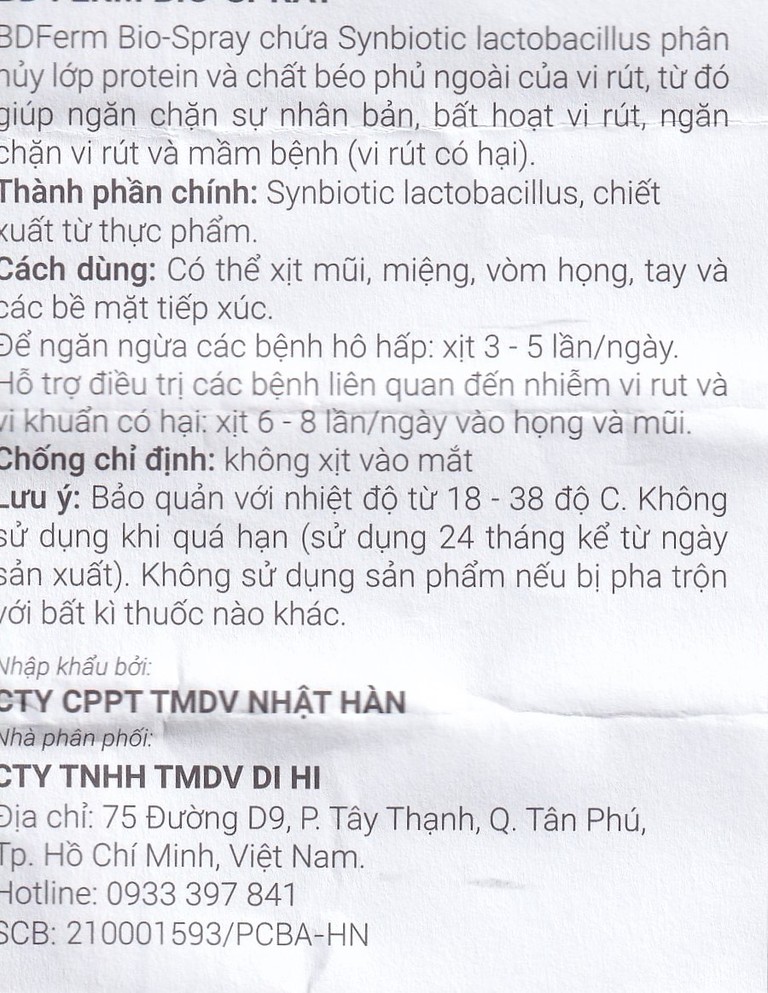 Men vi sinh kháng khuẩn dạng xịt BDFerm Bio - Spray 30ml ngăn ngừa các bệnh hô hấp