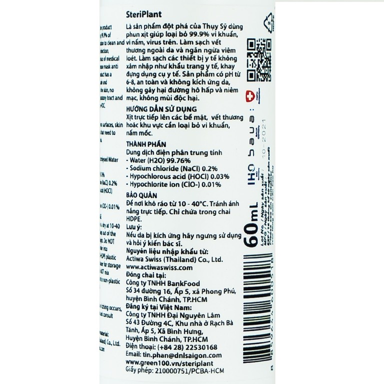 Nước xịt khuẩn Steriplant 60ml làm sạch vết thương ngoài da và ngăn ngừa viêm loét