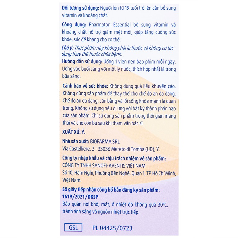 Viên uống Pharmaton Essential Multivitamins Minerals hỗn hợp Vitamin và khoáng chất, tăng cường sức khỏe (30 viên)  