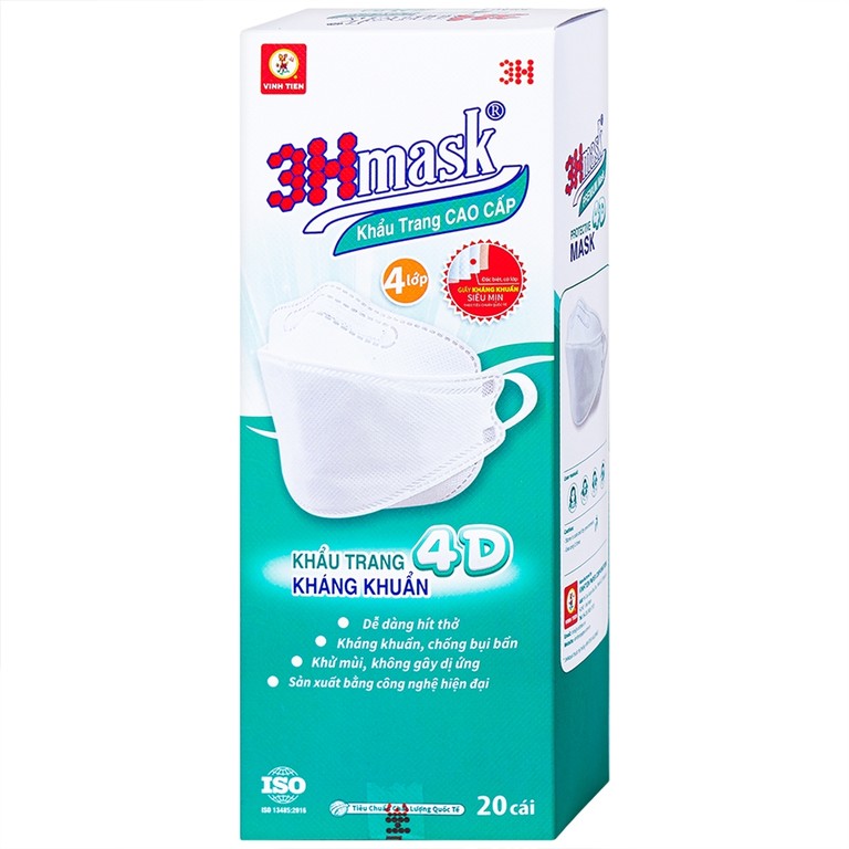 Khẩu trang y tế cao cấp 3Hmask 4D Vĩnh Tiến màu trắng hỗ trợ ngăn khói, bụi, kháng khuẩn (20 cái)