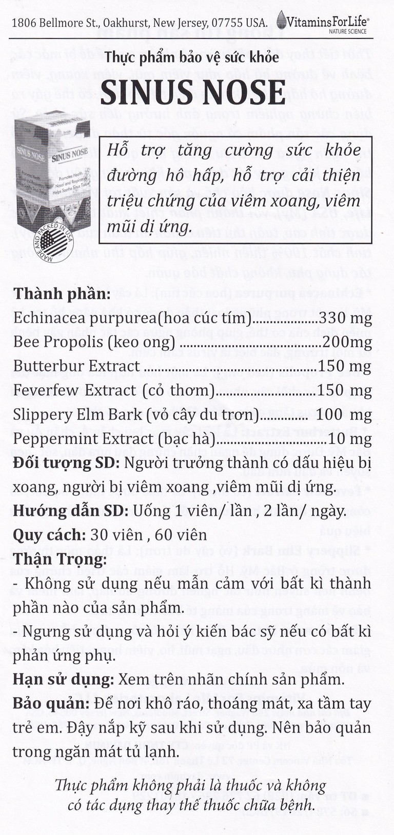 Viên uống Sinus Nose Vitamins For Life hỗ trợ tăng cường sức khỏe đường hô hấp (60 viên)