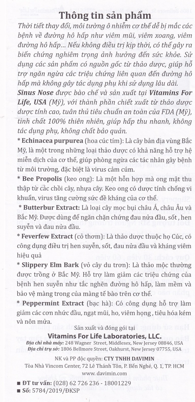 Viên uống Sinus Nose Vitamins For Life hỗ trợ tăng cường sức khỏe đường hô hấp (60 viên)