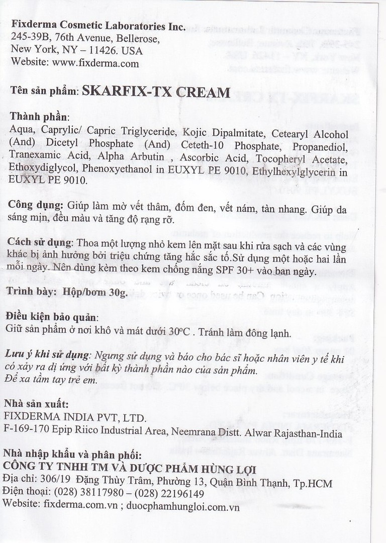 Kem bôi Fixderma Skarfix TX Cream giúp giảm nám, tàn nhang, vết thâm sau mụn (30g)
