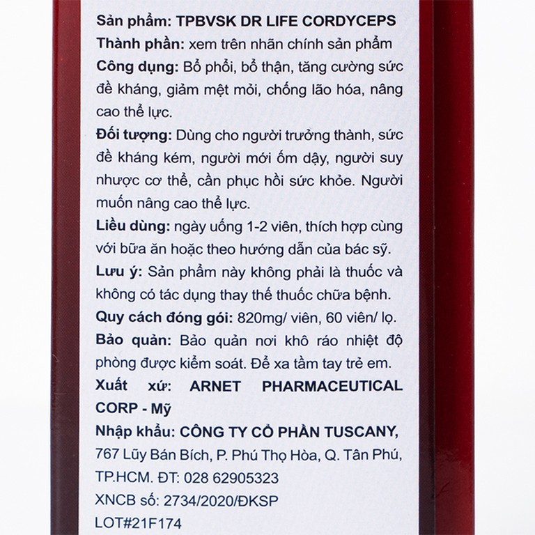 Viên uống Đông Trùng Hạ Thảo Dr Life Natural Herb Cordyceps 1500mg tăng cường sức đề kháng (60 viên)
