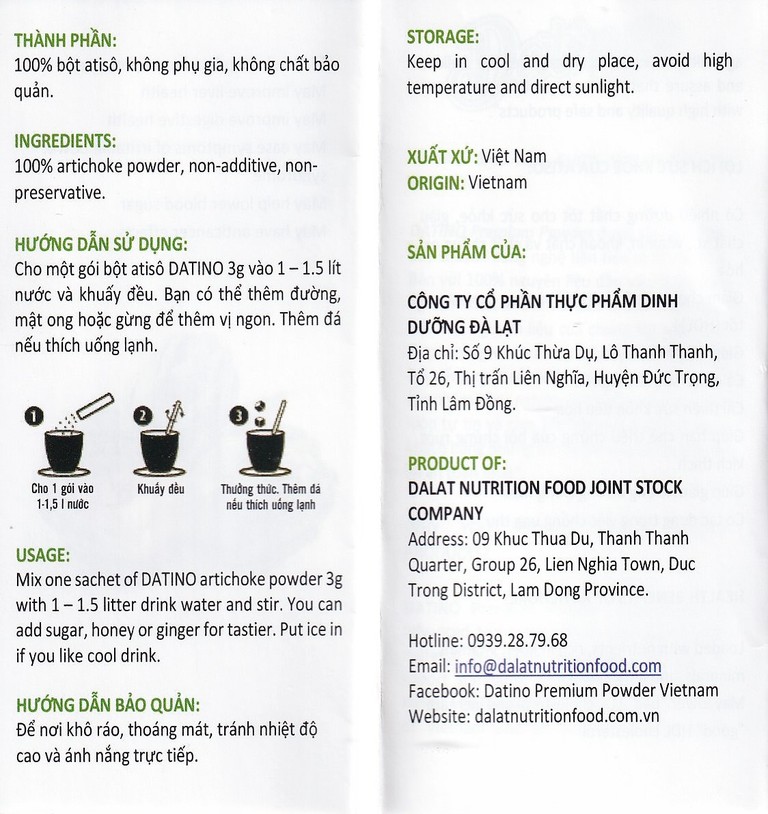 Bột Atisô nguyên chất Datino (3g x 15 gói)