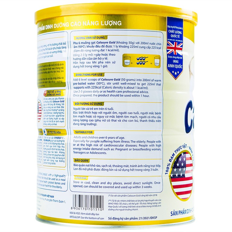 Sữa bột CaloSure gold Vitadairy ít đường, tăng cường sức khỏe tim mạch, hồi phục sức khỏe (900g)