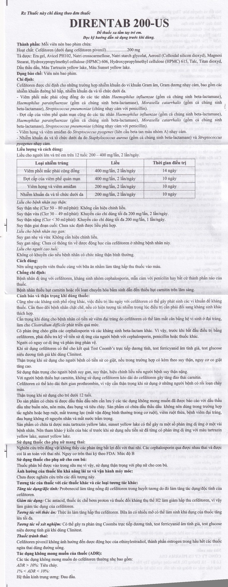 Thuốc Direntab 200-US điều trị nhiễm khuẩn (1 vỉ x 10 viên)