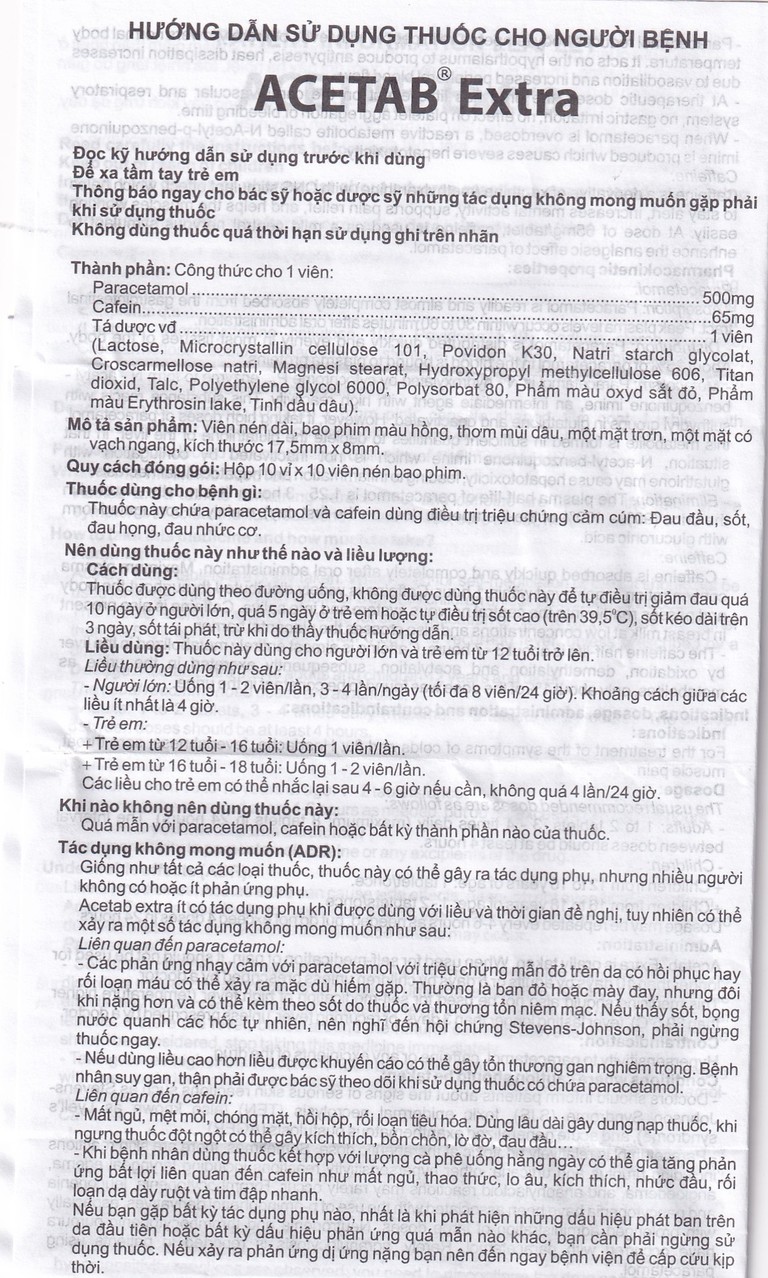 Thuốc Acetab Extra Agimexpharm điều trị triệu chứng cảm cúm (10 vỉ x 10 viên)