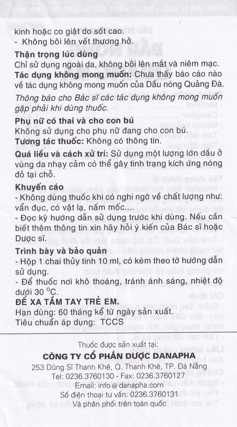 Dầu nóng Quảng Đà Danapha giảm đau lưng, đau gáy, đau dây thần kinh tọa (10ml)