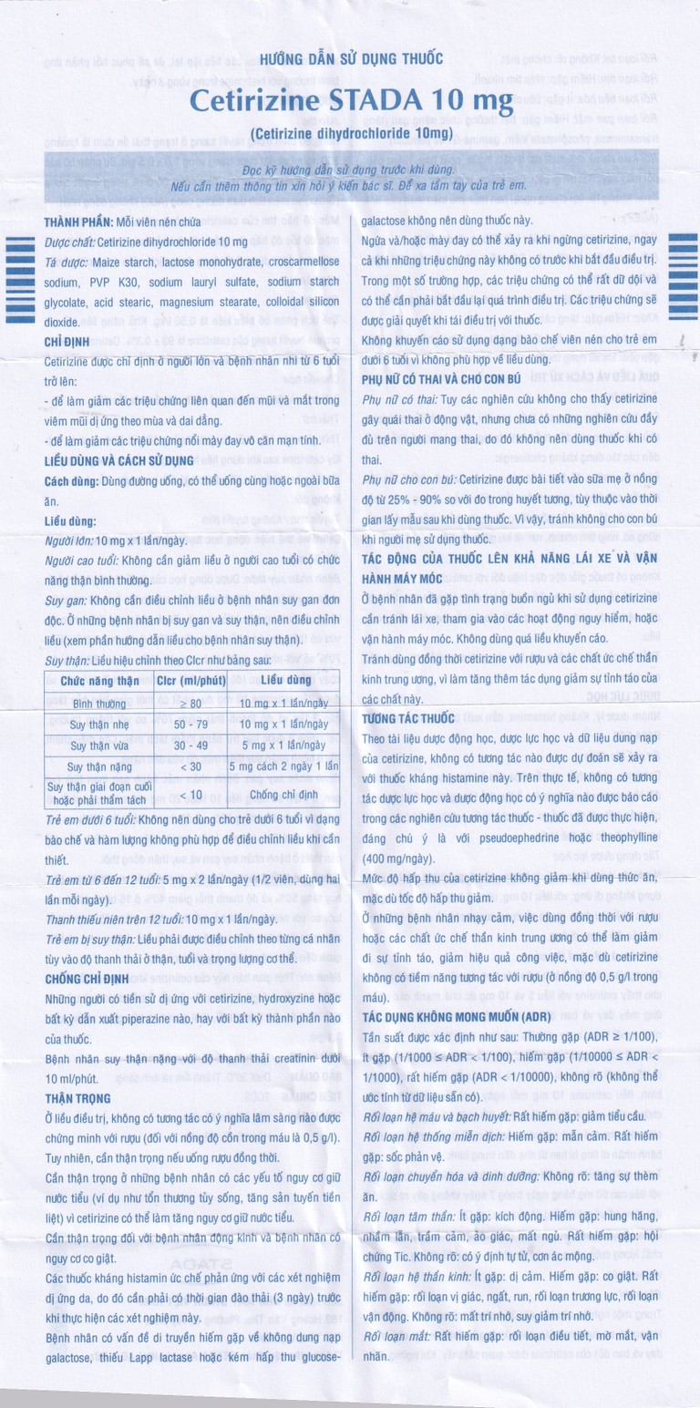 Thuốc Cetirizine Stada 10mg điều trị viêm mũi dị ứng, mày đay (10 vỉ x 10 viên) 
