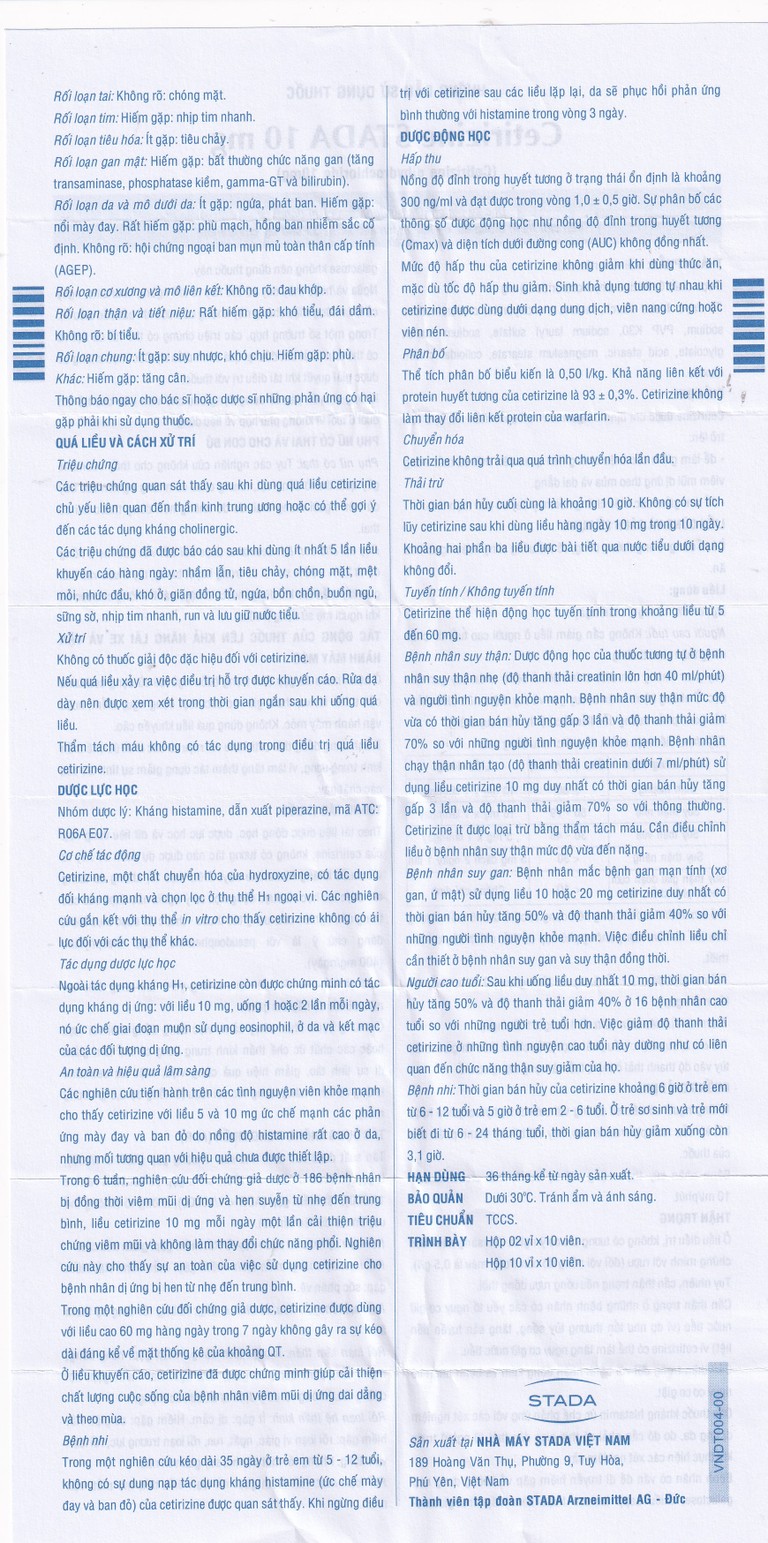 Thuốc Cetirizine Stada 10mg điều trị viêm mũi dị ứng, mày đay (10 vỉ x 10 viên) 