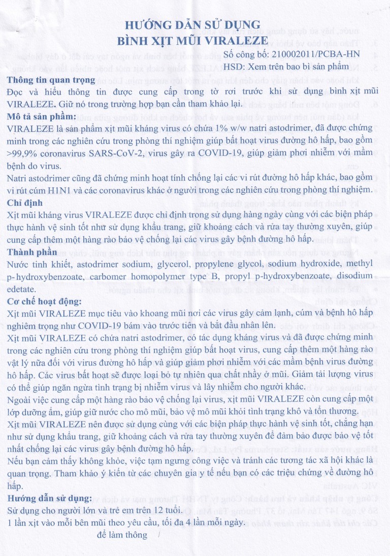 Bình xịt mũi Viraleze kháng virus gây bệnh đường hô hấp (10ml)