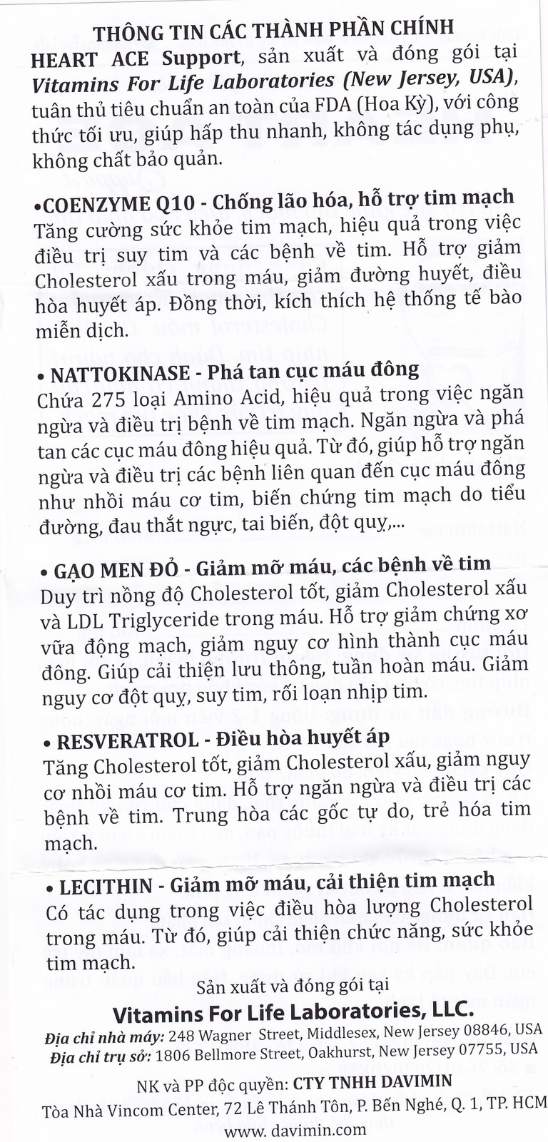 Viên uống Heart Ace Support Vitamins For Life hỗ trợ sức khỏe tim mạch, điều hòa nhịp tim (Hộp 30 viên)