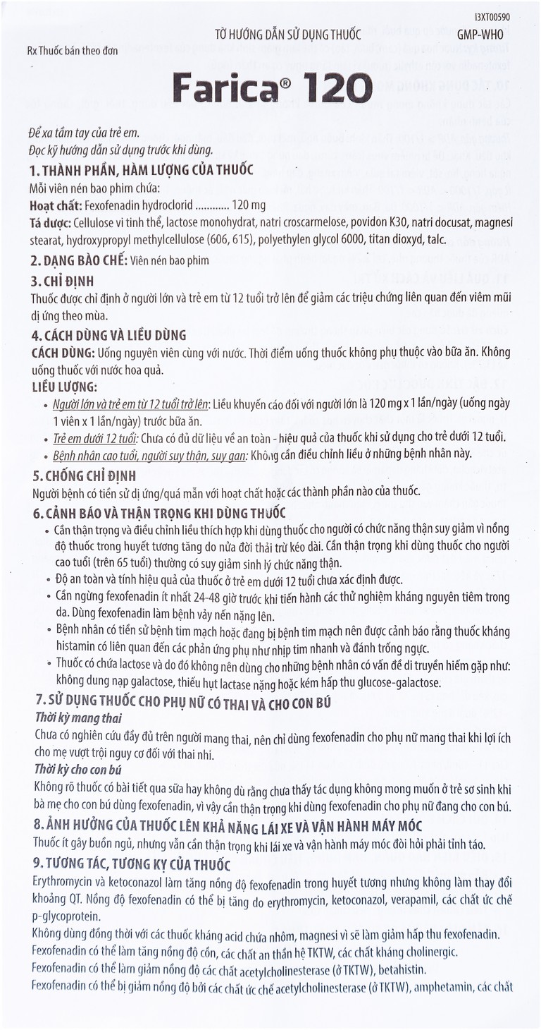 Thuốc Farica 120 Benovas điều trị viêm mũi dị ứng theo mùa (1 vỉ x 10 viên)