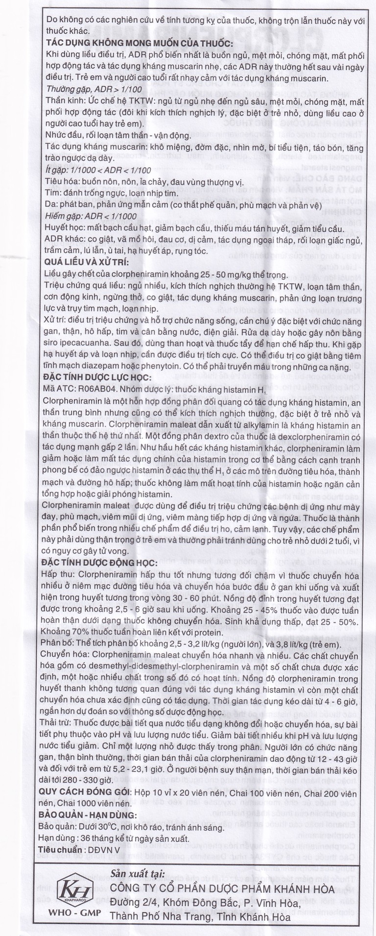 Thuốc Clorpheniramin 4mg Khapharco điều trị triệu chứng viêm mũi dị ứng theo mùa, quanh năm và mày đay (10 vỉ x 20 viên)