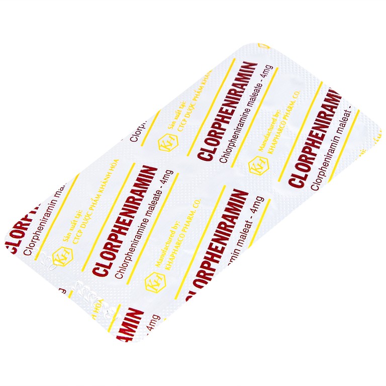 Thuốc Clorpheniramin 4mg Khapharco điều trị triệu chứng viêm mũi dị ứng theo mùa, quanh năm và mày đay (10 vỉ x 20 viên)