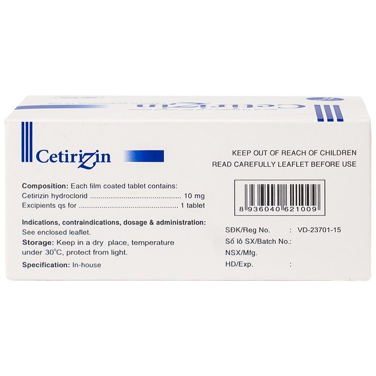 Thuốc Cetirizin 10mg Trường Thọ trị ngứa ngoài da do dị ứng (10 vỉ x 10 viên)
