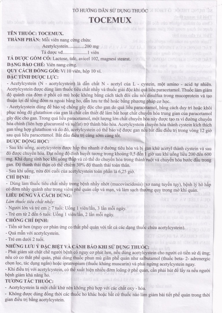 Thuốc Tocemux điều trị tiêu chất nhầy, bệnh lý hô hấp có đờm (10 vỉ x 10 viên)