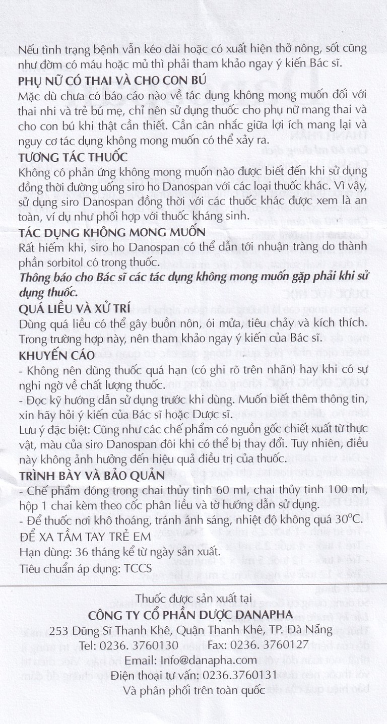 Dung dịch Danospan Danapha điều trị viêm đường hô hấp cấp tính có kèm ho (60ml)