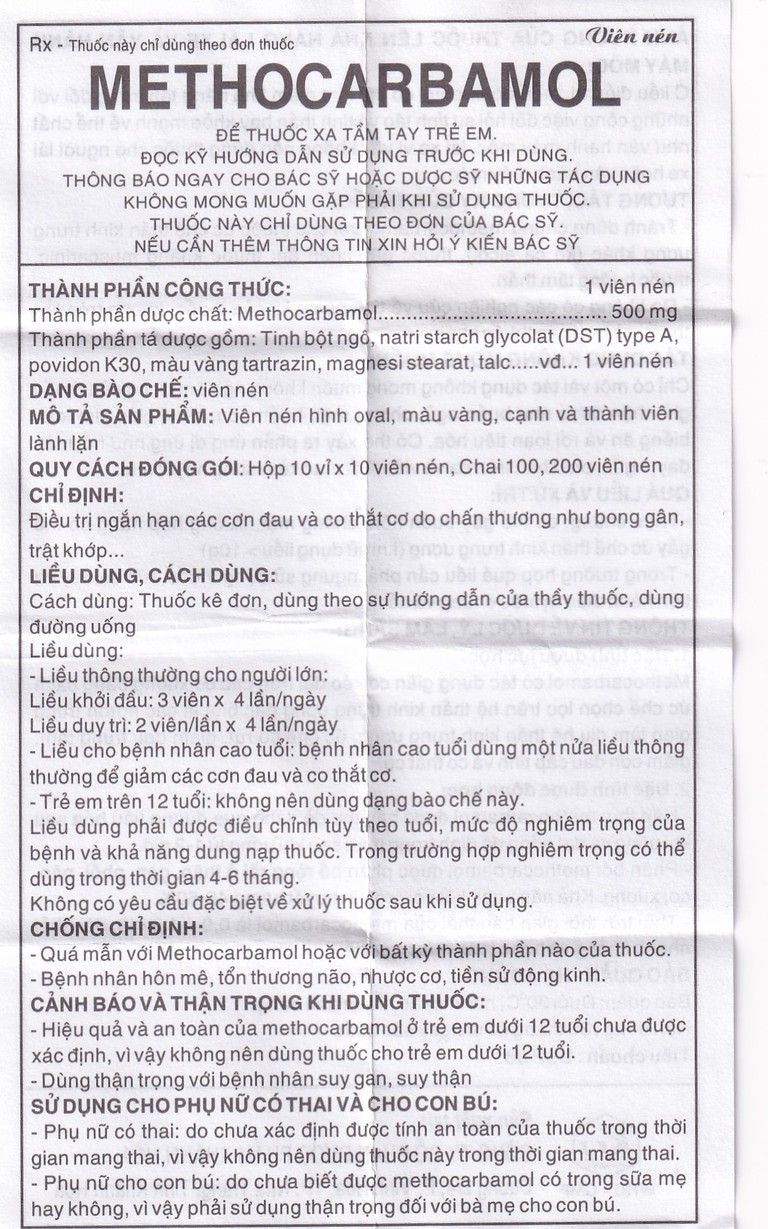Viên nén Methocarbamol 500mg Khapharco điều trị ngắn hạn các cơn đau, co thắt cơ, bong gân (100 viên)
