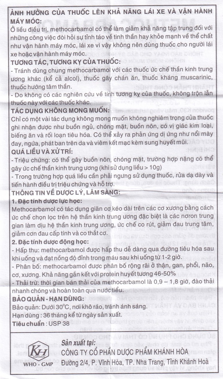 Viên nén Methocarbamol 500mg Khapharco điều trị ngắn hạn các cơn đau, co thắt cơ, bong gân (100 viên)