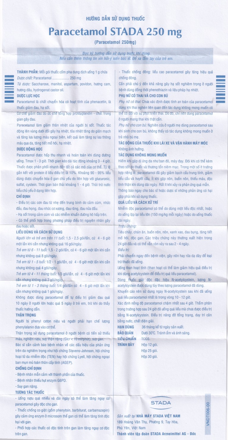 Cốm Paracetamol Stada 250mg điều trị các cơn đau do cảm cúm, nhức đầu, đau họng (30 gói x 1g)