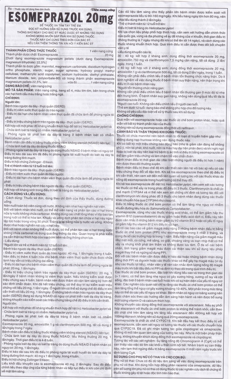 Thuốc Esomeprazol 20mg điều trị trào ngược dạ dày, thực quản (10 vỉ x 10 viên)