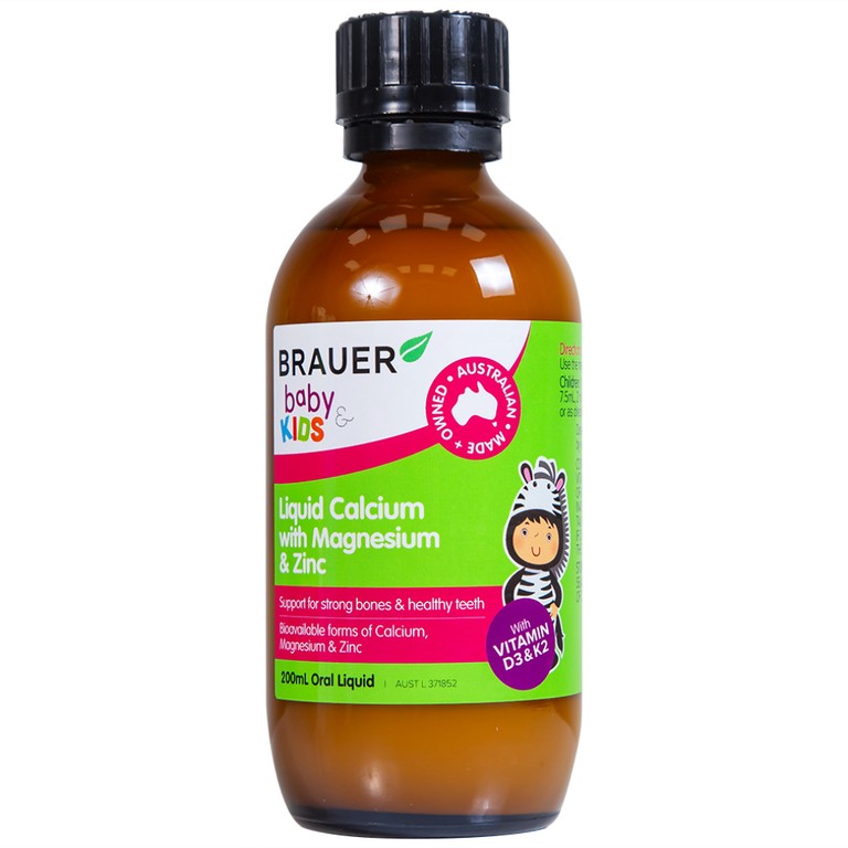 Siro Brauer Kids Liquid Calcium with Magnesium And Zinc hỗ trợ xương, răng phát triển chắc khỏe cho bé (200ml)