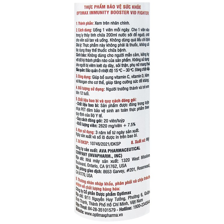 Viên sủi Optimax Immunity Booster Vid-Fighter tăng cường sức đề kháng cho cơ thể (20 viên)